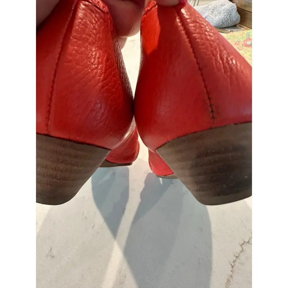 Tory Burch Orange Coral Peep Toe Leather Wedge Pumps Size 10M Gold Logo Office